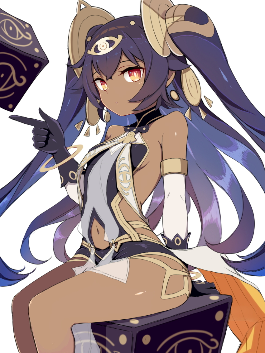 1girl ancient_egyptian_clothes bad_id bad_pixiv_id bare_shoulders black_gloves black_hair breasts bright_pupils clothing_cutout cube dark-skinned_female dark_skin detached_sleeves gloves hair_between_eyes headpiece highres kuyou_(artist) navel navel_cutout nephtim_(world_flipper) orange_eyes see-through_clothes sideboob simple_background sitting solo twintails two_side_up white_background white_sleeves world_flipper