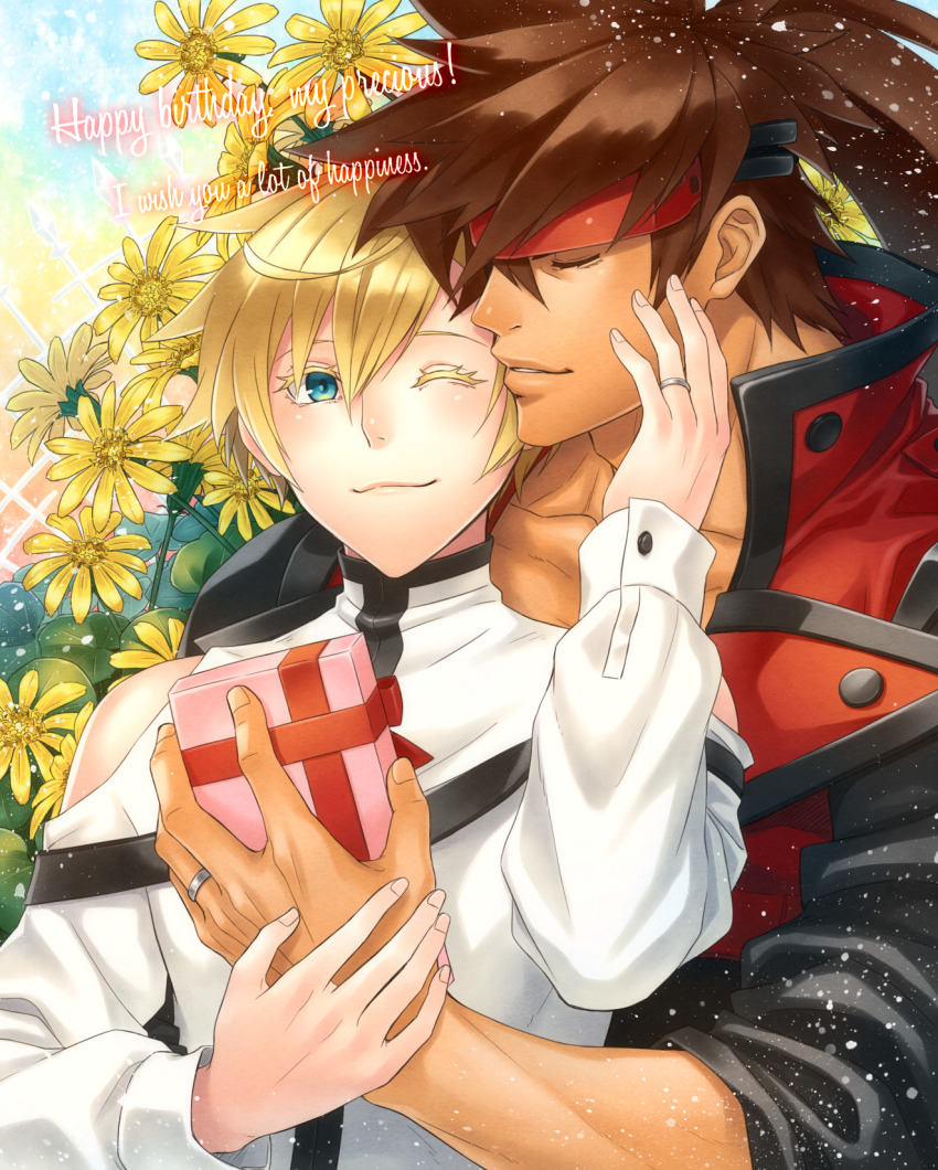 2boys blonde_hair blue_eyes box brown_hair closed_eyes english_text flower gift gift_box guilty_gear guilty_gear_xx hand_on_own_face highres ky_kiske multiple_boys pale_skin smile sol_badguy tan yaoi yellow_flower yumeoti