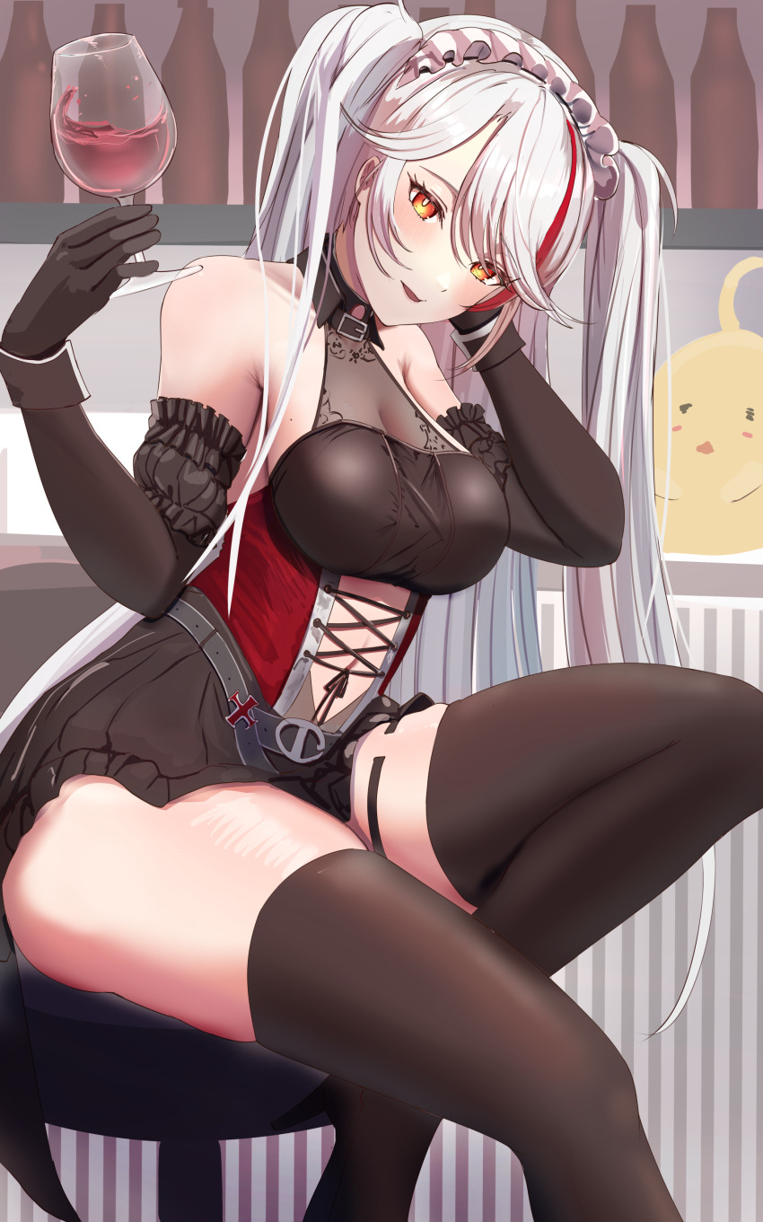 1girl absurdres arm_garter azur_lane bare_shoulders belt_collar black_collar black_gloves blush breasts brown_dress brown_thighhighs cafenami cleavage clothing_cutout collar cross cup dress drink drinking_glass elbow_gloves gloves head_rest head_tilt highres holding holding_drink iron_cross long_hair looking_at_viewer maid_headdress manjuu_(azur_lane) medium_breasts mole mole_on_breast multicolored_hair navel navel_cutout official_alternate_costume open_mouth orange_eyes prinz_eugen_(azur_lane) prinz_eugen_(kindred_evening_spirits)_(azur_lane) red_hair red_wine sidelocks sitting skindentation solo streaked_hair swept_bangs thighhighs thighs white_hair wine wine_glass