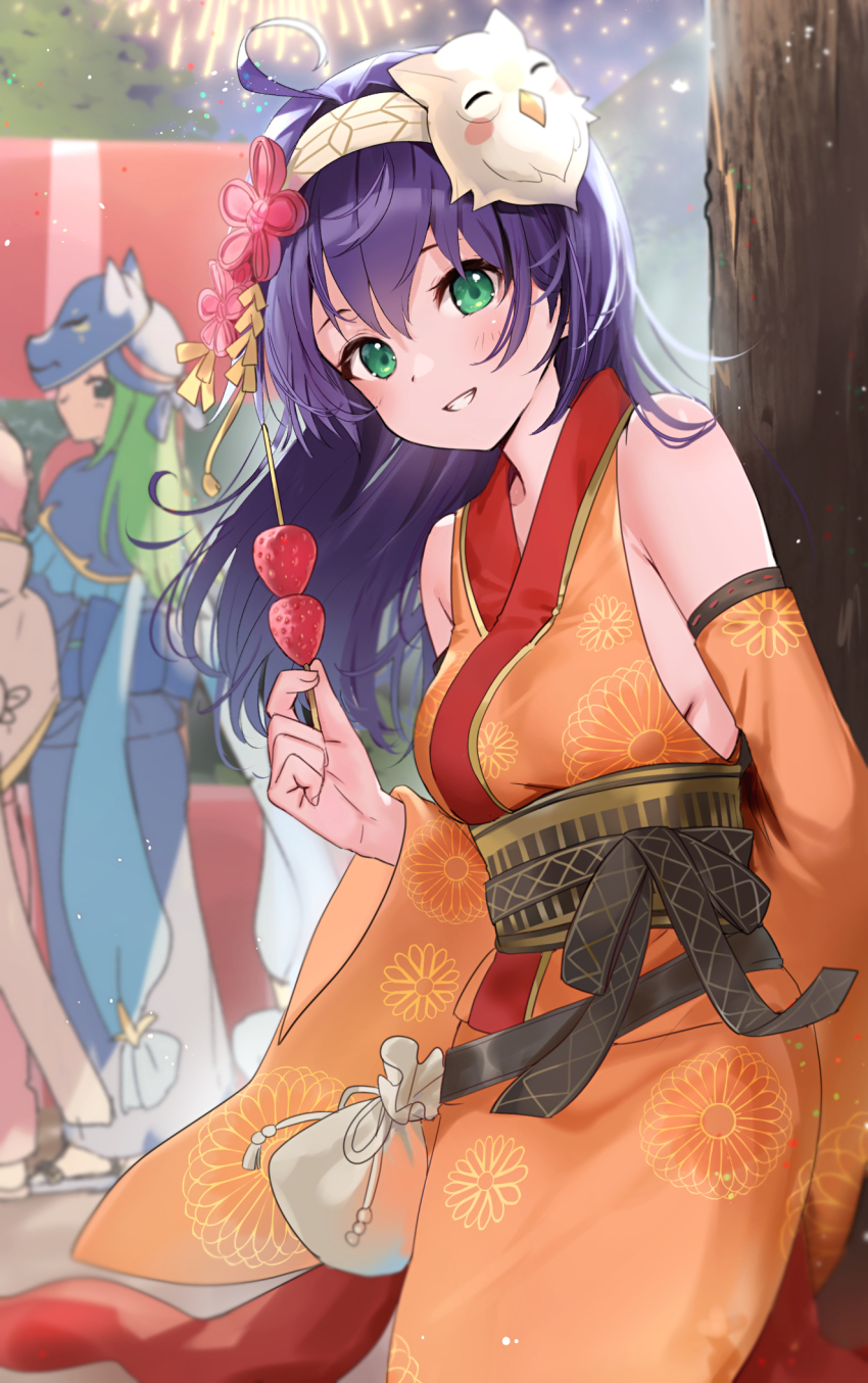 ahoge bird feh_(fire_emblem_heroes) fire_emblem fire_emblem:_path_of_radiance fire_emblem:_radiant_dawn fire_emblem_fates fire_emblem_heroes food green_eyes green_hair hairband haru_(nakajou-28) headband highres japanese_clothes kimono mask mia_(fire_emblem) mia_(yukata)_(fire_emblem) nephenee_(fire_emblem) nephenee_(yukata)_(fire_emblem) nintendo official_alternate_costume owl purple_hair sakura_(fire_emblem) sakura_(yukata)_(fire_emblem) white_hairband white_headband