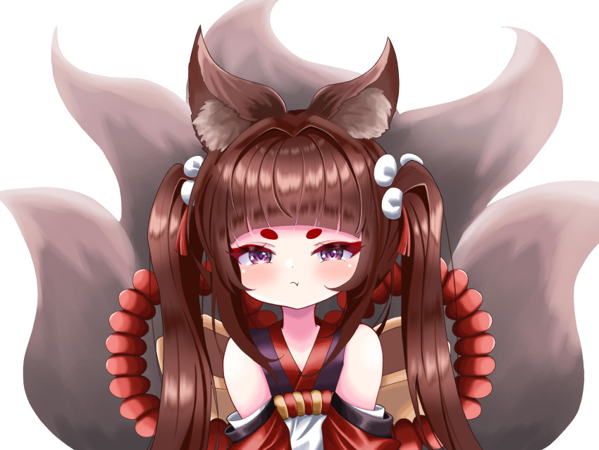 1girl :t amagi-chan_(azur_lane) animal_ear_fluff animal_ears azur_lane blunt_bangs brown_hair commentary_request detached_sleeves eyeshadow fox_ears fox_girl fox_tail highres japanese_clothes kitsune kokonoe910 kyuubi long_hair long_sleeves looking_at_viewer makeup multiple_tails pout purple_eyes rope shimenawa sidelocks simple_background solo tail thick_eyebrows twintails v_arms white_background wide_sleeves