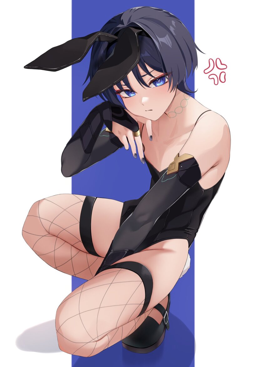 1boy animal_ears bad_id bad_pixiv_id black_footwear black_gloves black_hair black_hairband black_nails black_sleeves blue_eyes chobonu closed_mouth fake_animal_ears fishnet_thighhighs fishnets genshin_impact gloves hair_between_eyes hairband highres leotard looking_at_viewer male_focus male_playboy_bunny playboy_bunny rabbit_ears scaramouche_(genshin_impact) short_hair solo squatting thighhighs trap white_background