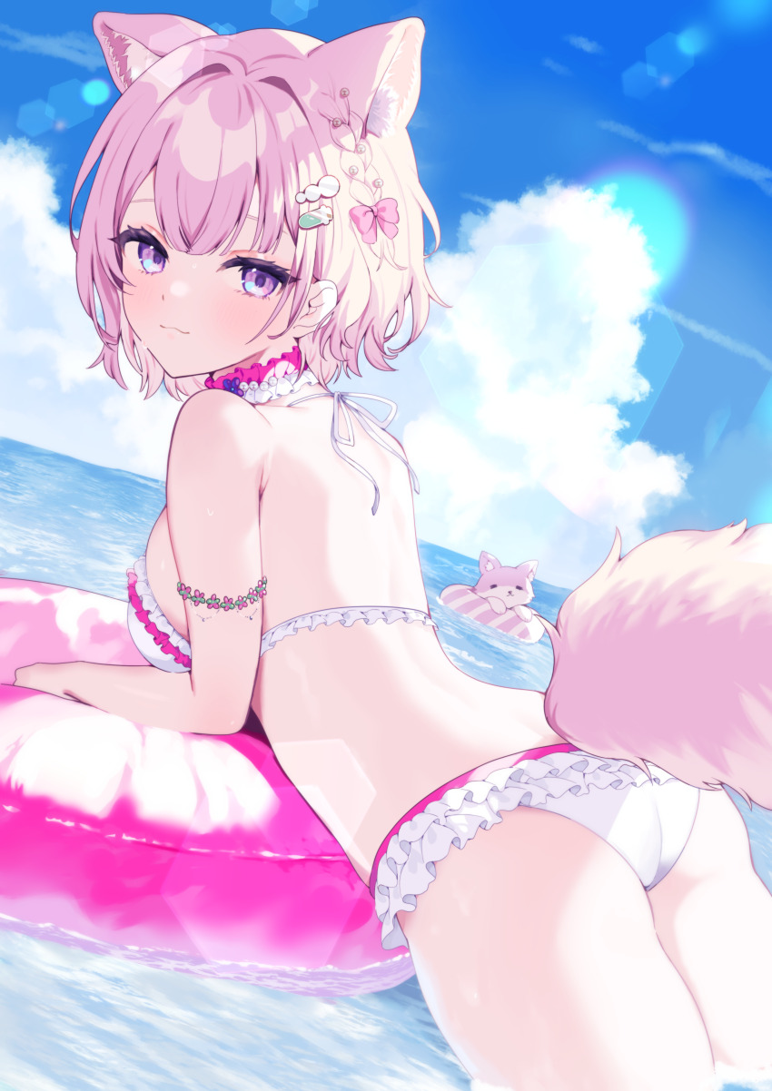 1girl absurdres animal_ears armlet armpit_crease ass back bare_shoulders bikini blue_sky bow braid breasts choker closed_mouth cloud cloudy_sky extra_ears flower_choker frilled_bikini frilled_choker frills from_behind hair_bow hair_intakes hair_ornament hakui_koyori hakui_koyori_(summer) hell_fuuna highres hololive innertube jewelry kokoro_(hakui_koyori) large_breasts looking_at_viewer looking_back medium_hair ocean outdoors pearl_choker pink_bow pink_choker pink_eyes pink_hair pink_innertube sky smile solo striped_innertube sunlight swim_ring swimsuit tail thighs virtual_youtuber water white_bikini white_choker wolf_ears wolf_girl wolf_tail