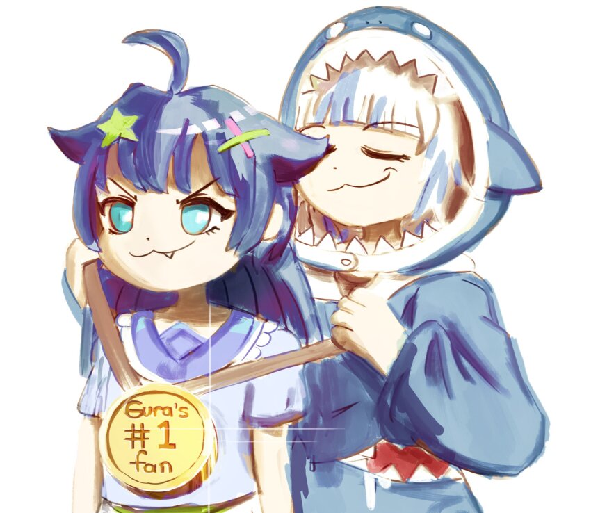 2girls ahoge animal_costume animal_hood blue_eyes blue_hair blue_hoodie blue_shirt closed_eyes closed_mouth fang gawr_gura gawr_gura_(1st_costume) grey_hair hair_flaps hair_ornament highres holding_medal hololive hololive_english hood hoodie indie_virtual_youtuber luant medium_hair meme multicolored_hair multiple_girls obama_awards_obama_a_medal_(meme) senzawa shark_costume shark_hood shirt smile star_(symbol) star_hair_ornament streaked_hair virtual_youtuber voice_actor_connection x_hair_ornament