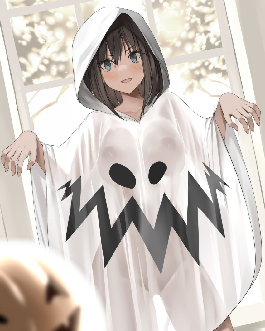 1girl bed_sheet blue_eyes blurry blurry_foreground breasts brown_hair collarbone commentary_request contrapposto covered_erect_nipples covered_groin dutch_angle ghost_costume gluteal_fold hair_between_eyes halloween_costume highres jack-o&#039;-lantern kureha_(ironika) large_breasts looking_at_viewer medium_hair naked_costume naked_sheet open_mouth original outstretched_arms revision see-through_silhouette sheet_ghost smile solo thigh_gap tsubasa_(kureha) window zombie_pose