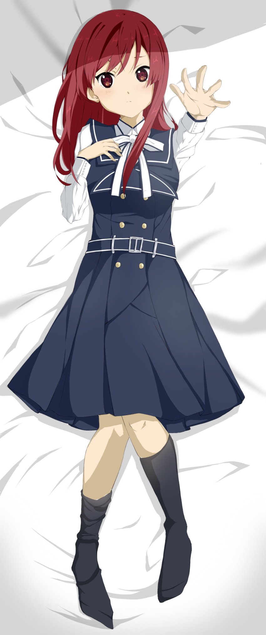 1girl 22/7 absurdres bed_sheet belt black_belt black_dress black_socks blush collared_shirt dakimakura_(medium) dress from_above full_body highres long_hair long_sleeves looking_at_viewer lying morinomiya_ruri neck_ribbon no_shoes on_back outstretched_arm reaching reaching_towards_viewer red_hair ribbon sato_reika shirt shy socks solo white_ribbon white_shirt