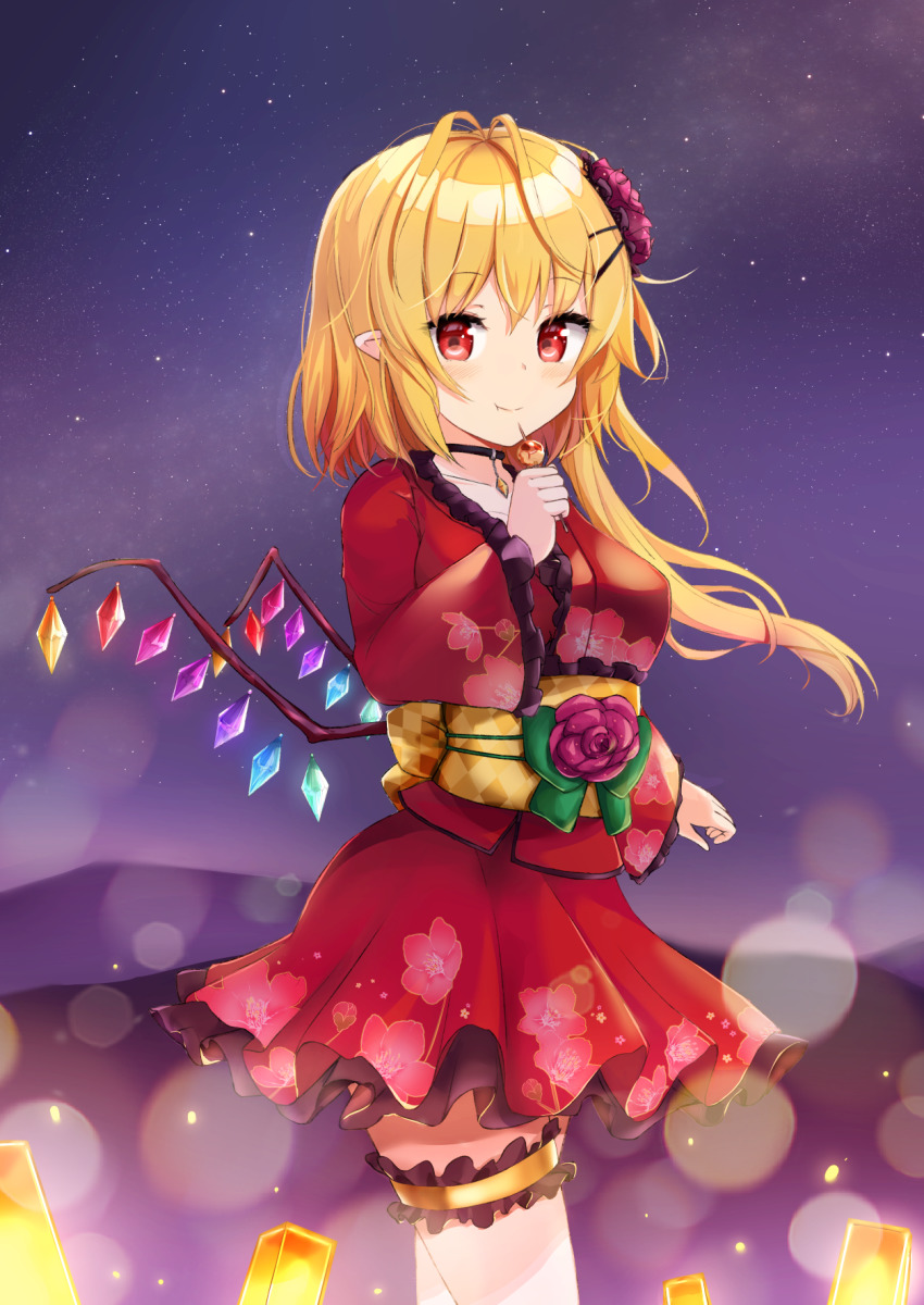 1girl adda alternate_breast_size alternate_costume alternate_headwear arms_up black_choker blonde_hair blurry bokeh breasts choker commentary_request cowboy_shot dango depth_of_field fireflies flandre_scarlet flandre_scarlet_(yukata) floating_hair floral_print flower food frilled_sleeves frills hair_flower hair_ornament highres holding holding_food japanese_clothes jewelry kimono long_sleeves looking_at_viewer medium_breasts milky_way mountain night night_sky obi one_side_up outdoors partial_commentary pendant petticoat pink_flower pointy_ears primrose_(flower) red_eyes red_kimono sash short_hair short_kimono sky smile solo standing star_(sky) starry_sky thigh_strap thighhighs touhou touhou_cannonball wagashi white_thighhighs wide_sleeves wings yukata zettai_ryouiki