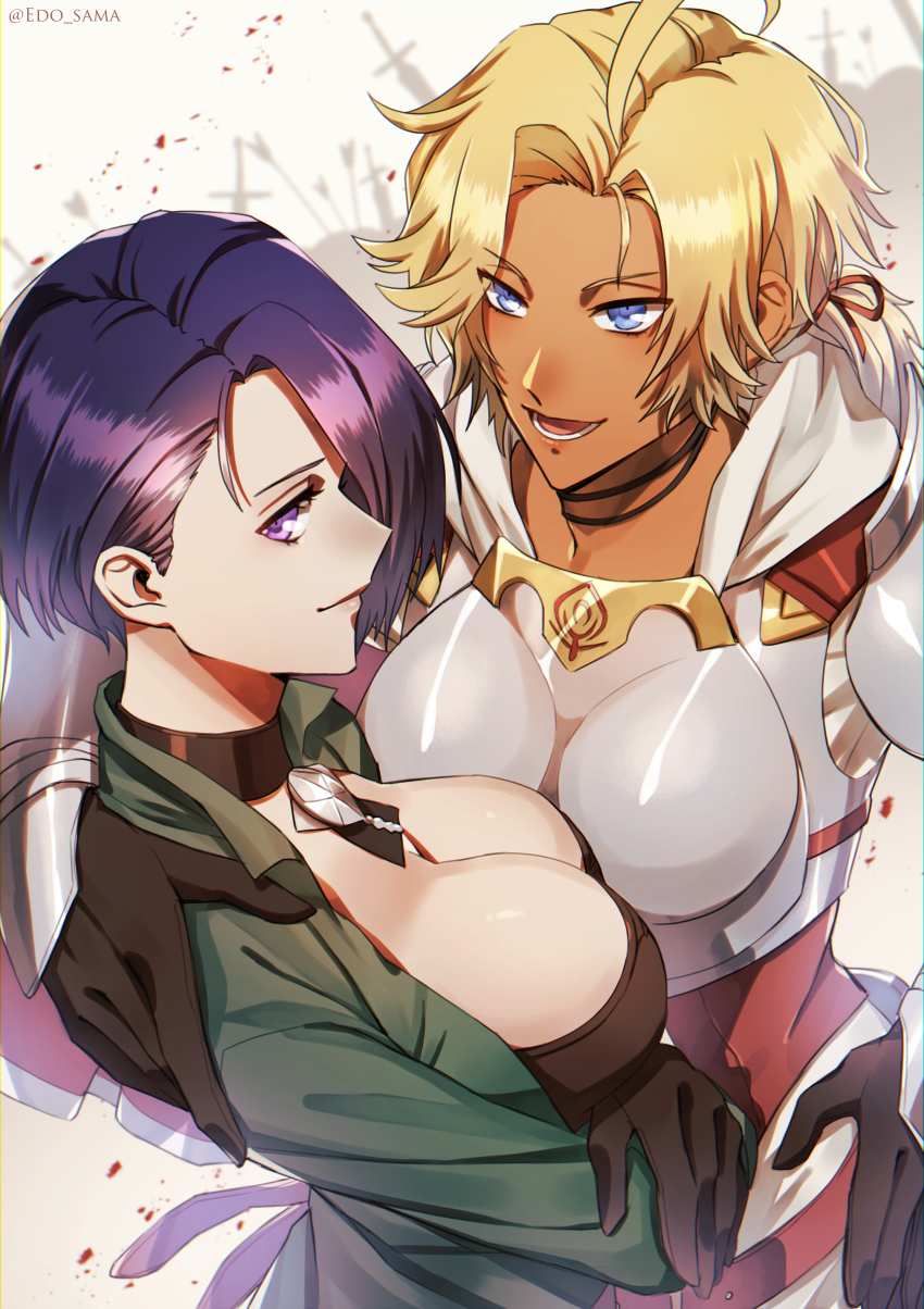 2girls absurdres armor asymmetrical_hair black_gloves black_hair blonde_hair blue_eyes blush boobplate breastplate breasts catherine_(fire_emblem) choker cleavage dark-skinned_female dark_skin edo-sama fire_emblem fire_emblem:_three_houses gloves highres jewelry large_breasts long_hair looking_at_viewer medium_breasts multiple_girls nintendo open_mouth purple_eyes purple_hair shamir_nevrand short_hair shoulder_armor simple_background smile upper_body white_armor