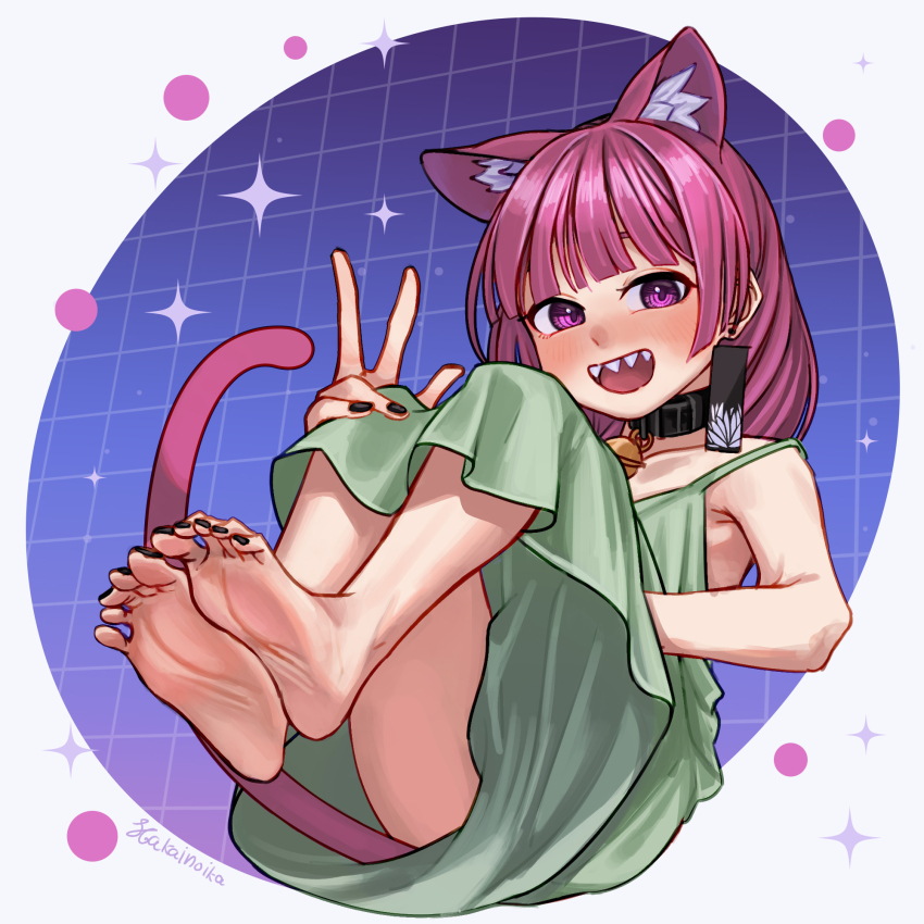 1girl animal_ear_fluff animal_ears armpits artist_name barefoot bell blush bocchi_the_rock! breasts cat_ears cat_girl cat_tail dress earrings eyebrows_hidden_by_hair feet_up full_body green_dress hakai_no_ika hanafuda_earrings highres hiroi_kikuri jewelry looking_at_viewer nail_polish neck_bell open_mouth purple_eyes purple_hair sharp_teeth short_hair simple_background sitting small_breasts smile soles solo tail teeth toenail_polish toenails toes