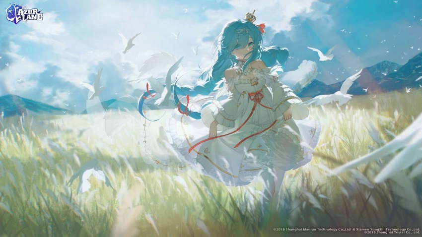 1girl azur_lane bird blue_eyes blue_hair blue_sky braid breasts closed_mouth cloud cloudy_sky commentary copyright_name crown day detached_collar detached_sleeves dress english_commentary eyes_visible_through_hair field floating_hair frilled_dress frills full_body hair_between_eyes hair_intakes hair_over_one_eye highres janus_(azur_lane) konya_karasue light_blue_hair logo long_hair looking_at_viewer mini_crown mountainous_horizon official_art outdoors pantyhose red_ribbon ribbon scenery second-party_source skirt_hold sky small_breasts smile solo standing sunlight tilted_headwear twin_braids twintails watermark white_bird white_dress white_pantyhose wide_sleeves wings