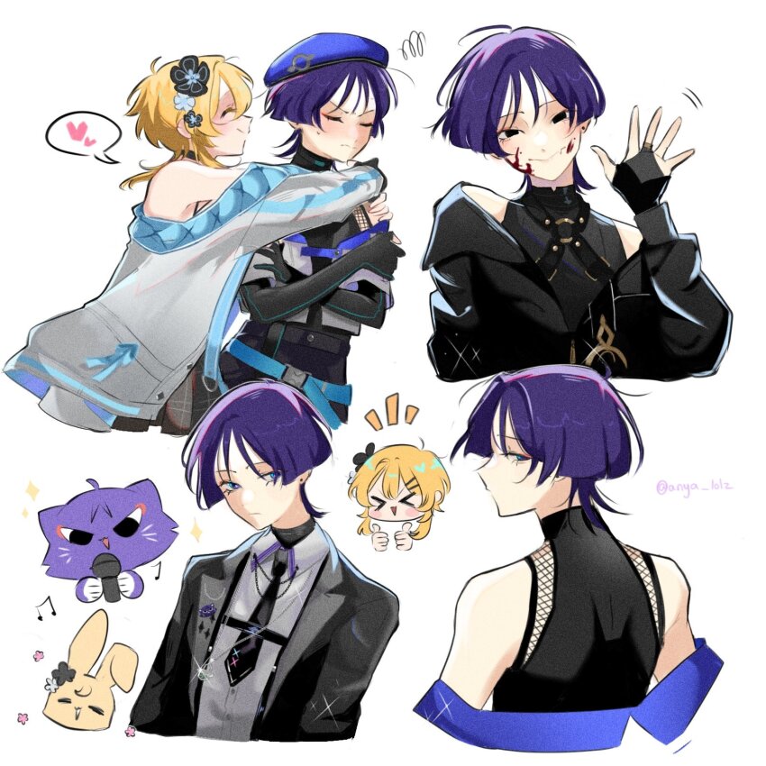 &gt;_&lt; &gt;o&lt; 1boy 1girl ahoge alternate_costume animalization anya_lolz aqua_belt aqua_trim arm_around_shoulder armpits arms_at_sides bare_shoulders belt belt_buckle beret black_bodysuit black_bow black_choker black_flower black_gloves black_jacket black_necktie black_sleeves black_undershirt blonde_hair blue_hat blunt_ends blush bodysuit bow bridal_gauntlets buckle cat chest_belt chest_harness choker closed_eyes closed_mouth collared_shirt crop_top cropped_shirt crossed_arms disembodied_head double_thumbs_up dress_shirt elbow_gloves fishnet_top fishnets flower genshin_impact gloves gold_ring hair_bow hair_flower hair_ornament harness hat heart hetero highres holding holding_microphone hug jacket lapels long_sleeves loose_hair_strand lowered_eyelids lumine_(genshin_impact) microphone middle_ring multiple_views musical_note necktie o-ring o-ring_belt off_shoulder open_clothes open_hand open_jacket open_mouth purple_hair rabbit scaramouche_(cat)_(genshin_impact) scaramouche_(genshin_impact) shirt short_hair short_hair_with_long_locks sidelocks spoken_heart sweatdrop thumbs_up triangle_mouth twitter_username vision_(genshin_impact) waving white_background white_flower white_jacket white_shirt white_sleeves