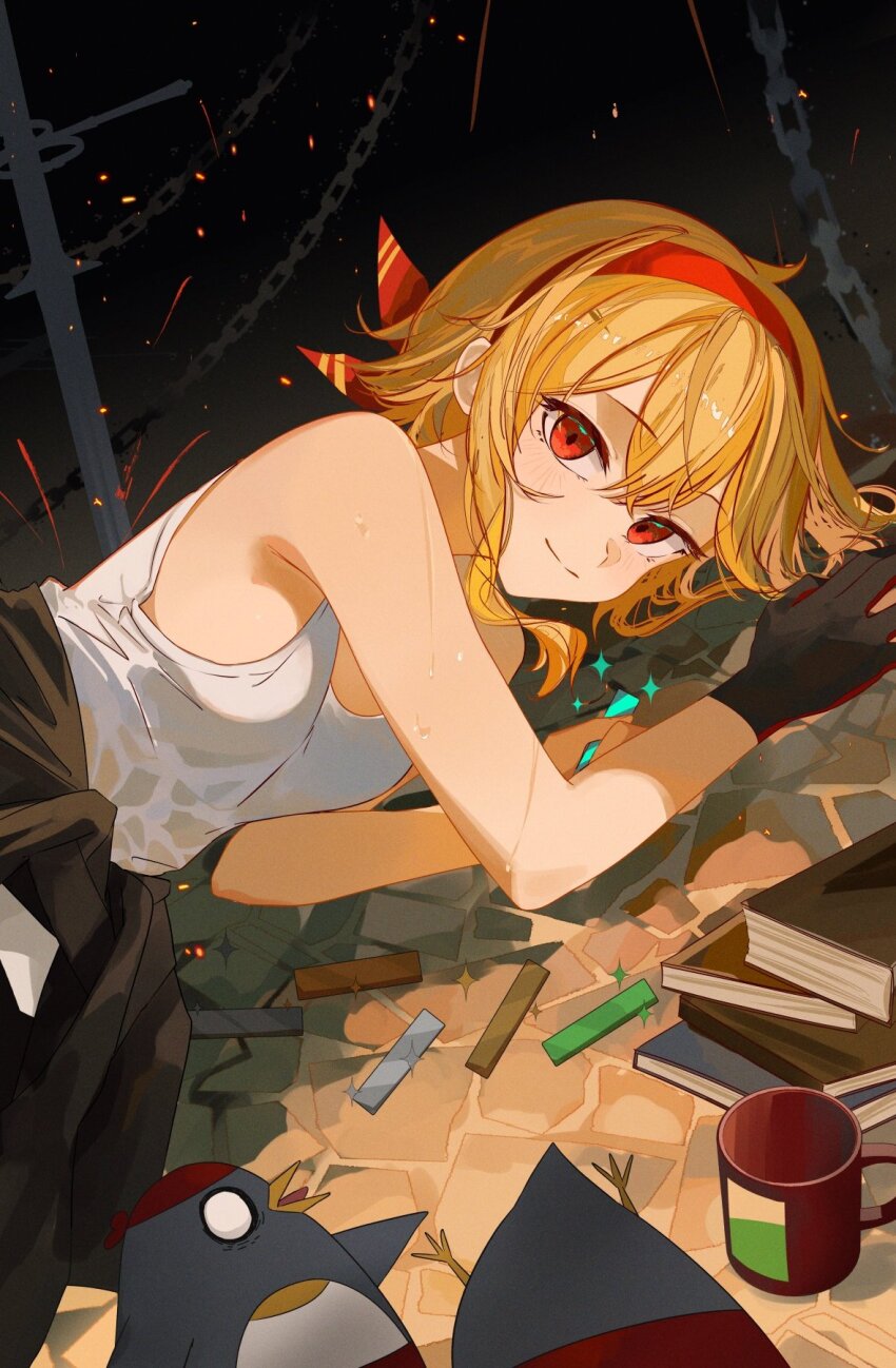 1girl bird black_gloves blonde_hair chain commentary english_commentary gloves highres hololive hololive_indonesia kaela_kovalskia long_hair looking_at_viewer lying on_floor on_side penguin red_eyes smile solo sparks tank_top virtual_youtuber white_tank_top zakimpo