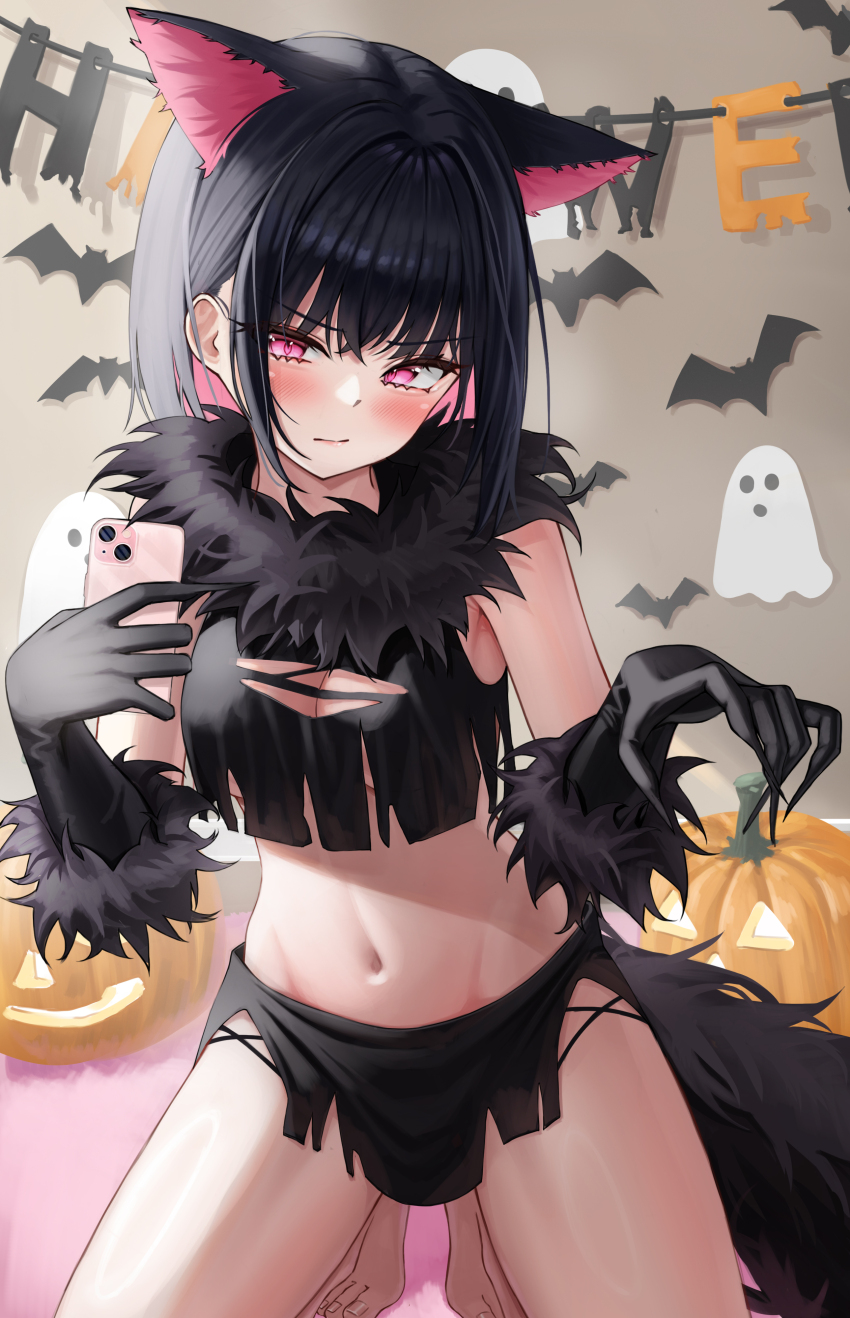 1girl absurdres animal_ears arm_up black_claws black_gloves black_hair black_skirt black_tail blue_archive blush breasts cat_ears cellphone closed_mouth colored_inner_hair commentary elbow_gloves extra_ears fur-trimmed_gloves fur_trim gloves halloween halloween_costume highres holding holding_phone hsxxx jack-o&#039;-lantern kazusa_(blue_archive) kazusa_(halloween)_(blue_archive) kneeling looking_at_viewer medium_breasts medium_hair multicolored_hair navel no_halo phone pink_eyes pink_hair skirt solo stomach toenails