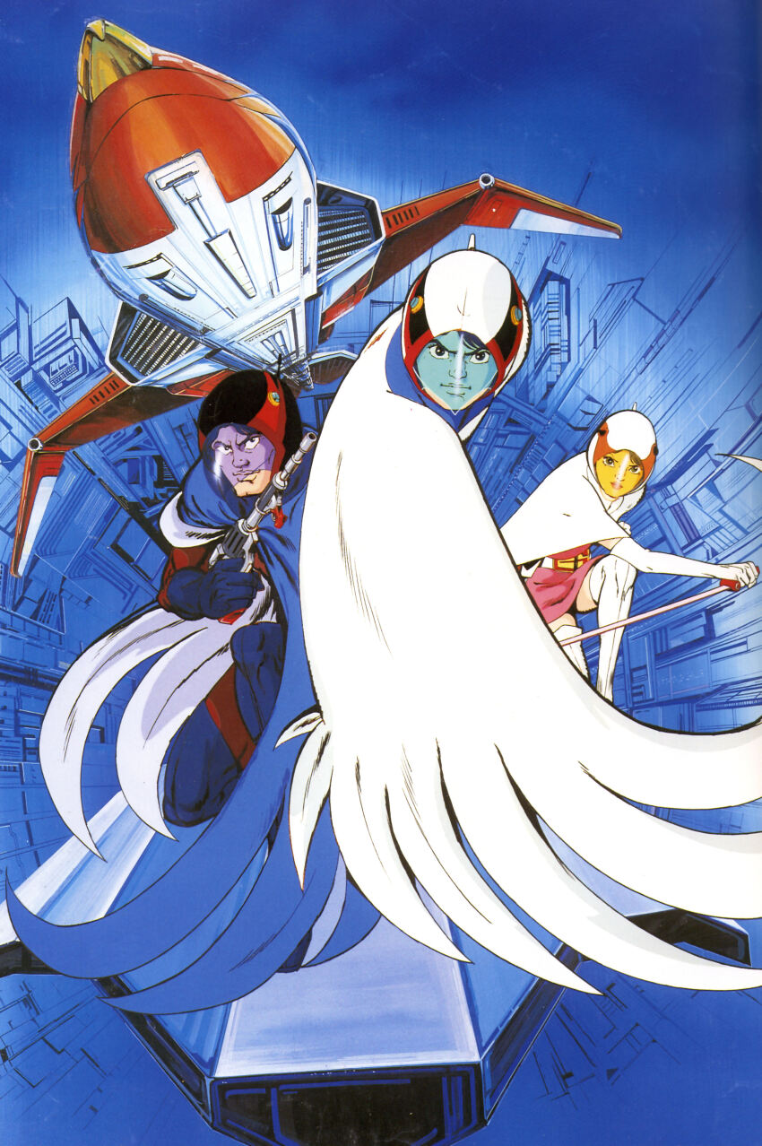 1970s_(style) 1girl 2boys abs absurdres amano_yoshitaka blue_gloves bodysuit cape feathers gatchaman gloves gun highres holding holding_gun holding_weapon holding_whip joe_the_condor jun_the_swan ken_the_eagle looking_at_viewer multiple_boys multiple_views non-web_source official_art oldschool pectorals retro_artstyle scan smile spacecraft tatsunoko_production title weapon white_bodysuit zoom_layer