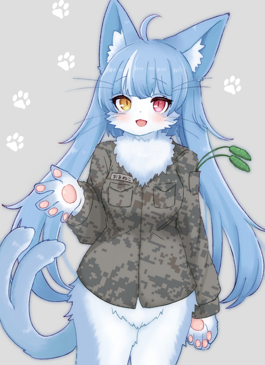 1boy ahoge androgynous animal_ear_fluff animal_ears animal_hands blush bottomless camouflage camouflage_shirt cat_boy cattail cowboy_shot forked_tail furry furry_male grey_background heterochromia highres japan_air_self-defense_force japan_air_self-defense_force_omaezaki_sub-base japan_self-defense_force long_hair looking_at_viewer male_focus military mokumokuuma omaneko open_mouth paw_print paw_print_background plant red_eyes shirt slit_pupils smile solo tail trap whiskers yellow_eyes