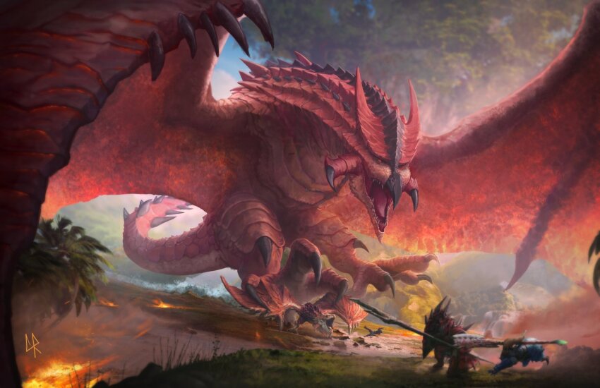 armor capcom chin_spike chipyray crossover day dragon fire flying full_armor fusion giant giant_monster godzilla_(series) holding holding_polearm holding_shield holding_weapon kaiju monster monster_focus monster_hunter_(character) monster_hunter_(series) open_mouth outdoors polearm rathalos rathalos_(armor) red_eyes red_scales rodan rolling sharp_teeth shield size_difference spiked_tail spikes spread_wings tail talons teeth toho tree weapon wyvern