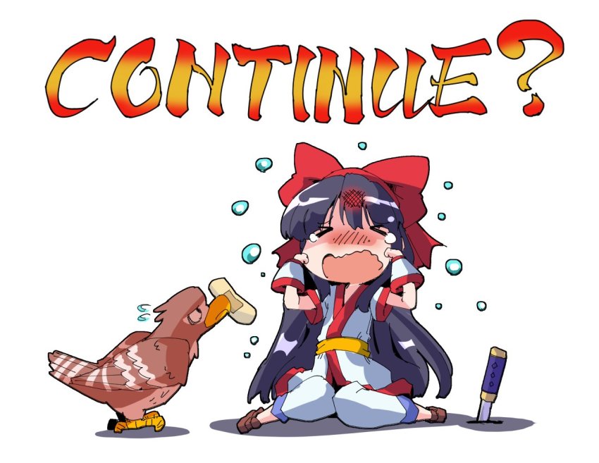 1girl bandaid bird black_hair blush bow crying fingerless_gloves gloves hair_bow hair_ribbon hairband hawk long_hair mamahaha nakoruru red_bow ribbon samurai_spirits shinapuu short_sleeves weapon