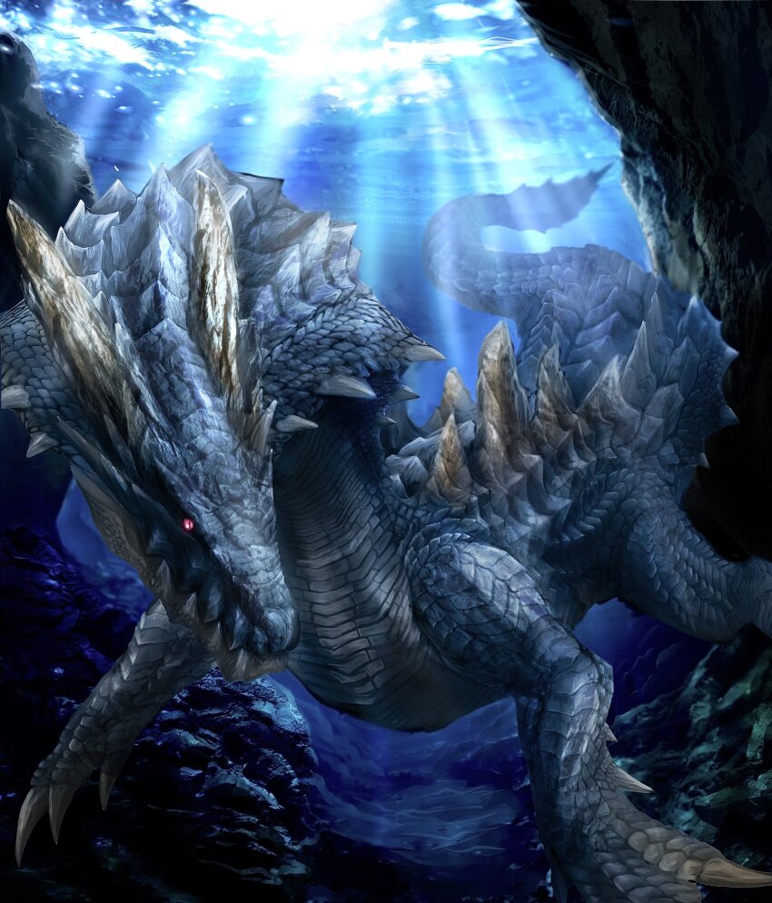 absurdres blue_scales claws dragon highres horns lagiacrus monster monster_focus monster_hunter_(series) no_humans nutuki orange_horns red_eyes scales sea_monster sharp_teeth submerged swimming tail teeth underwater water