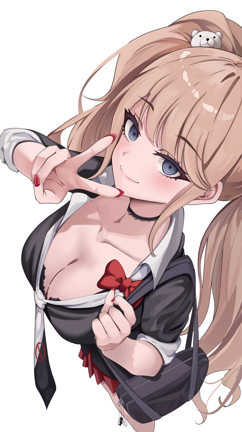 1girl absurdres bag bag_charm bear_hair_ornament black_choker blonde_hair blue_eyes bow breasts charm_(object) choker cleavage danganronpa:_trigger_happy_havoc danganronpa_(series) enoshima_junko gyaru hair_ornament highres holding holding_bag large_breasts necktie red_bow red_nails school_bag simple_background solo som_(mnfx7235) twintails v white_background