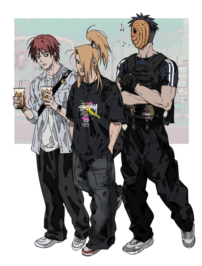 3boys absurdres bag black_gloves black_hair black_pants black_shirt blonde_hair blue_eyes blue_shirt chasenmage cup deidara_(naruto) dong2taku drinking_straw gloves hands_in_pockets highres male_focus mask multiple_boys naruto_(series) naruto_shippuuden pants red_hair sasori_(naruto) shirt tobi_(naruto) uchiha_obito watch white_footwear white_shirt wristwatch