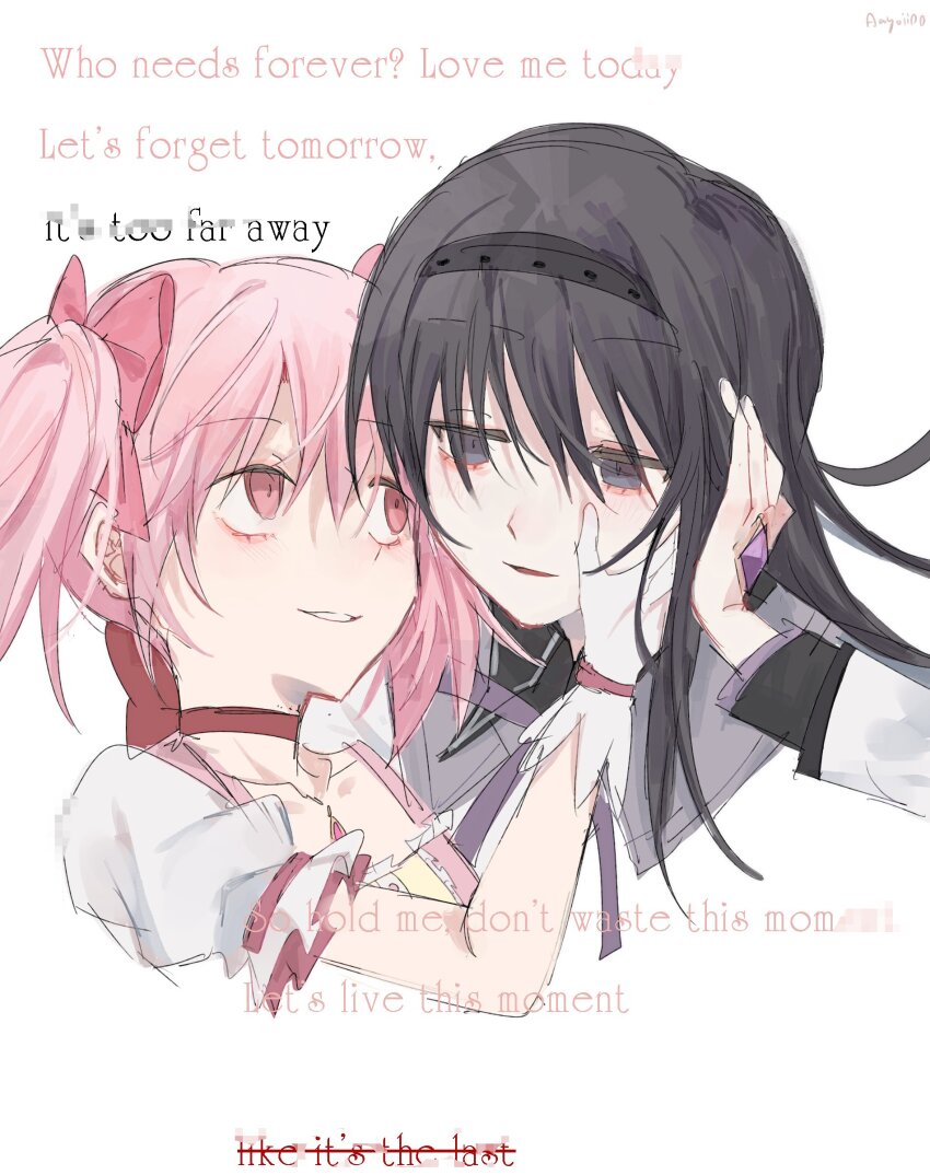 2girls absurdres akemi_homura akemi_homura_(magical_girl) axy_cang black_hair crossed_out english_text face-to-face gloves hand_in_own_hair hand_on_another&#039;s_face highres kaname_madoka kaname_madoka_(magical_girl) long_hair magical_girl mahou_shoujo_madoka_magica medium_hair multiple_girls pink_hair purple_eyes soul_gem white_gloves