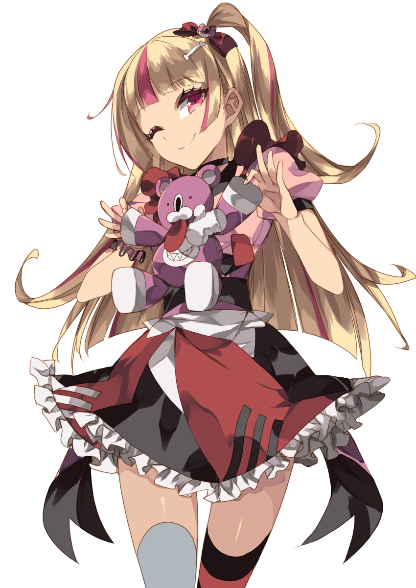 1girl absurdres ashley_taylor bear blonde_hair hair_ornament hair_ribbon highres long_hair magia_record:_mahou_shoujo_madoka_magica_gaiden mahou_shoujo_madoka_magica misteor multicolored_hair red_eyes ribbon skirt solo thighhighs very_long_hair