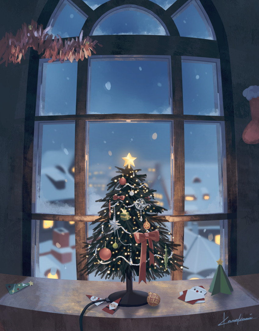 absurdres bow chimney christmas christmas_lights christmas_ornaments christmas_stocking christmas_tree fur_trim highres house indoors kawakami_2 light_particles no_humans original power_cord red_bow santa_claus scenery signature sky star_ornament window winter