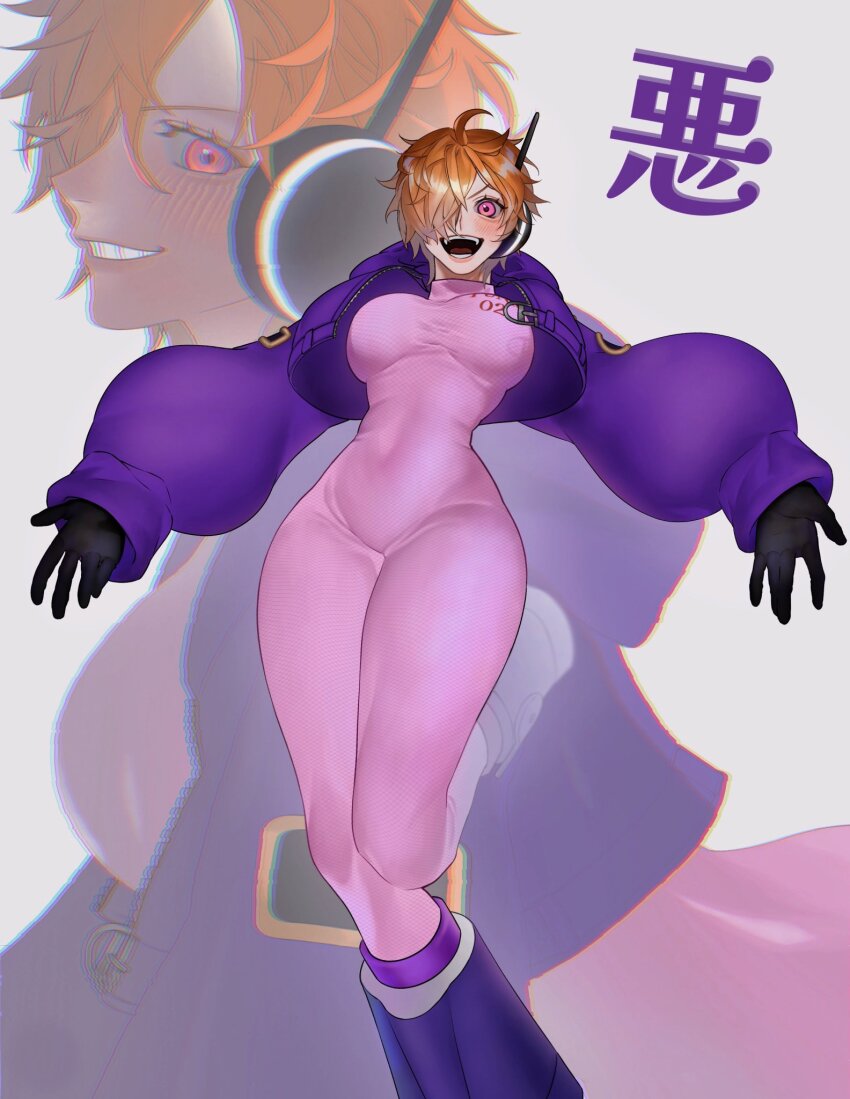 1girl artist_request blush bodysuit breasts breasts_apart covered_navel curvy feet_out_of_frame gloves grin hair_over_one_eye highres jacket large_breasts looking_at_viewer multiple_views numbered one_piece open_mouth orange_hair pink_bodysuit pink_eyes purple_jacket shiny_clothes simple_background smile translation_request vegapunk_lilith wide_hips zoom_layer