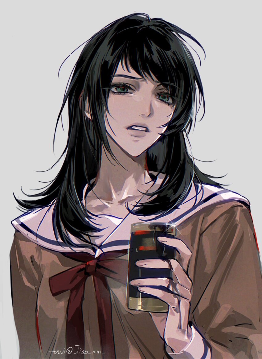 1girl bad_id bad_twitter_id bang_dream! bang_dream!_it&#039;s_mygo!!!!! black_hair blue_eyes brown_dress can canned_coffee chinese_commentary commentary_request dress drink_can glint grey_background hanasakigawa_school_uniform highres long_sleeves m_omoo medium_hair neck_ribbon open_mouth red_ribbon ribbon sailor_collar sailor_dress school_uniform sidelocks simple_background solo spilling twitter_username upper_body white_sailor_collar yahata_umiri