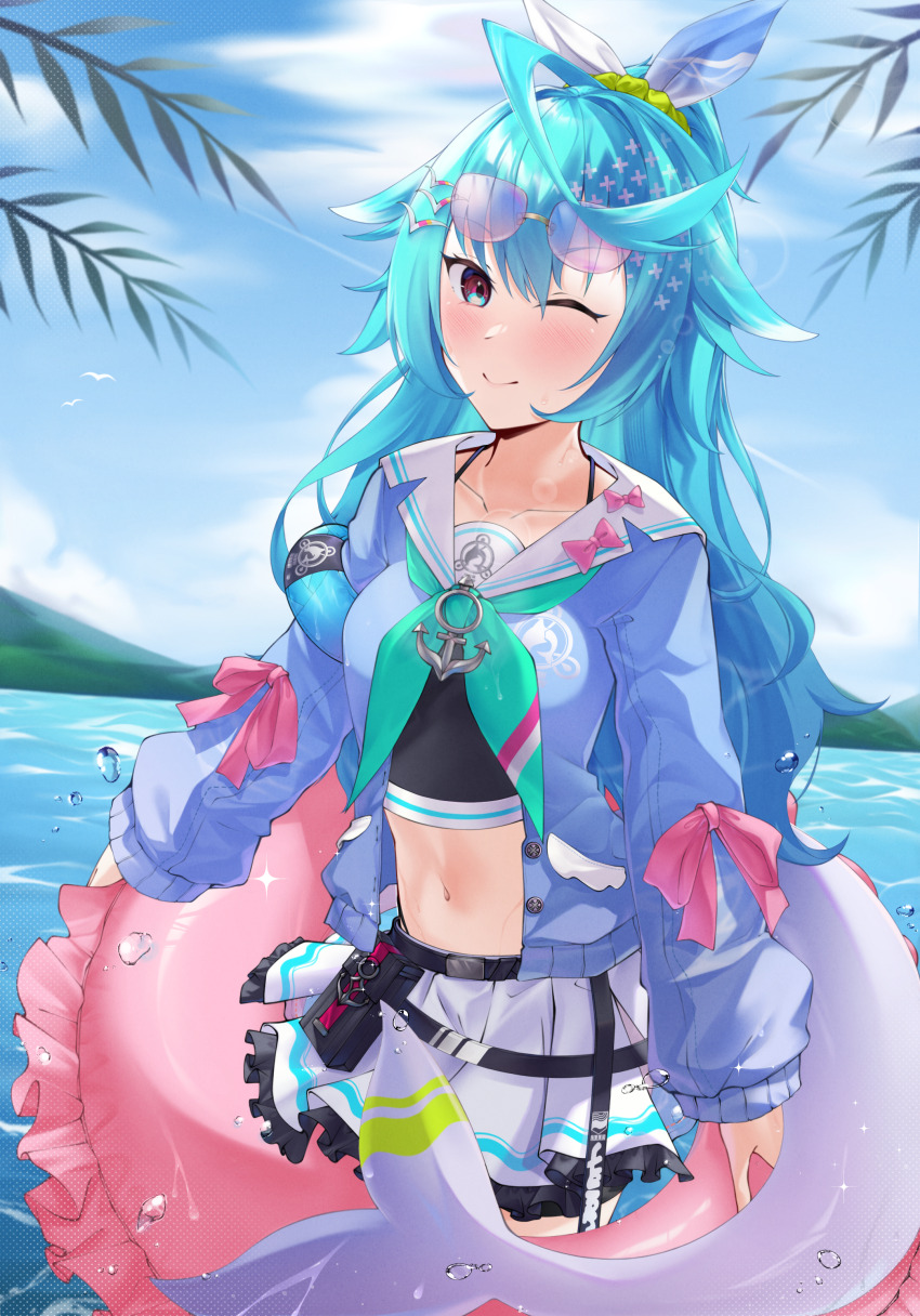 1girl anchor anchor_symbol azuri_delfi belly blue_hair blush blush_stickers bow cetacean_tail closed_mouth cloud cloudy_sky commission devaniart dress fish_tail hair_bow hair_ornament hair_ribbon highres island long_hair looking_at_viewer navel ocean one_eye_closed ribbon shirt skirt sky smile sunglasses sunglasses_on_head virtual_youtuber water water_drop wink