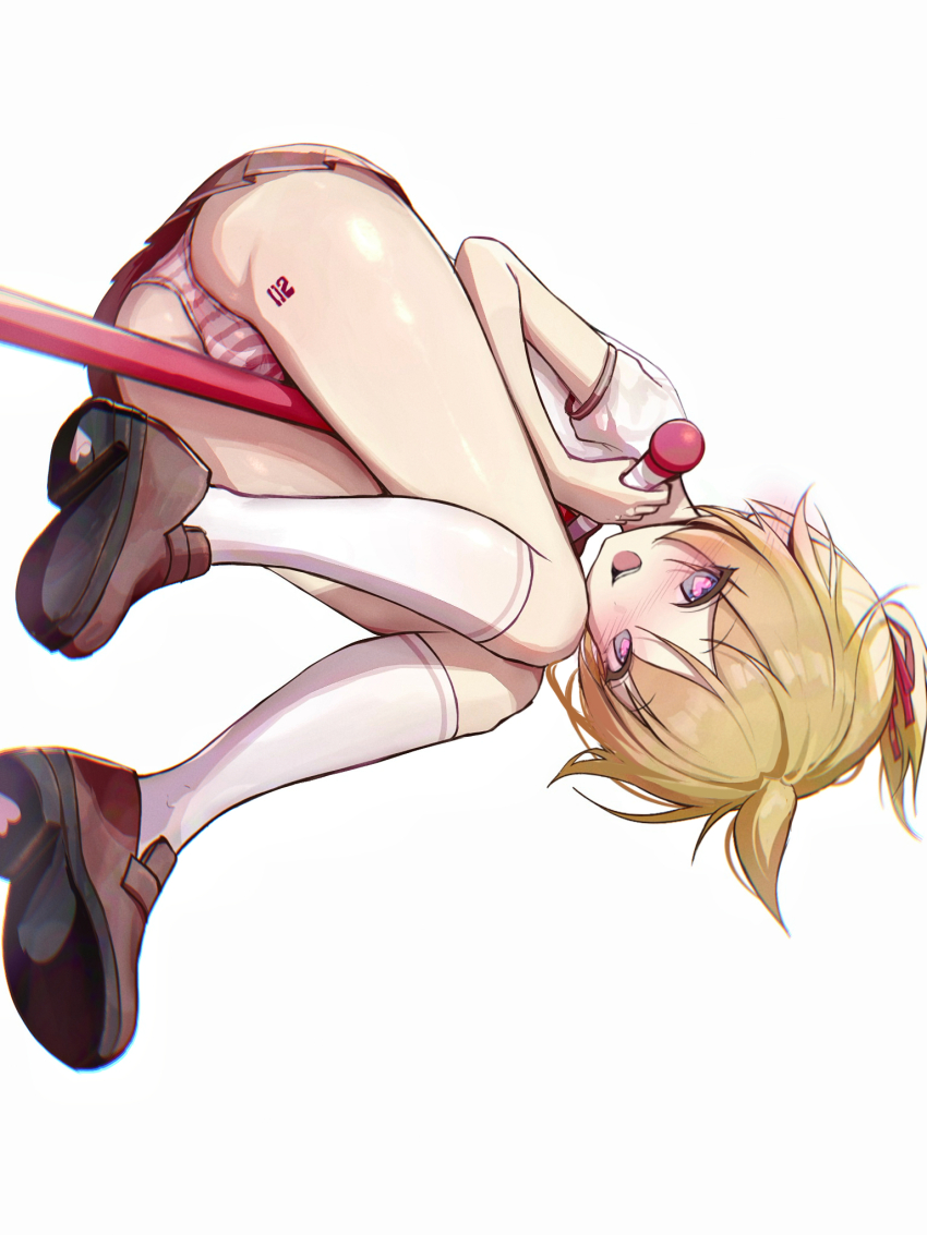 1boy azulasi blonde_hair blue_eyes brown_shoes crossdressing heart heart-shaped_pupils highres kagamine_len leg_tattoo looking_at_viewer number_tattoo open_mouth panties ponytail red_panties red_skirt shirt shoes short_hair short_ponytail skirt smile solo striped_clothes striped_panties symbol-shaped_pupils tattoo teeth thighhighs trap underwear upper_teeth_only vocaloid white_background white_panties white_shirt white_thighhighs