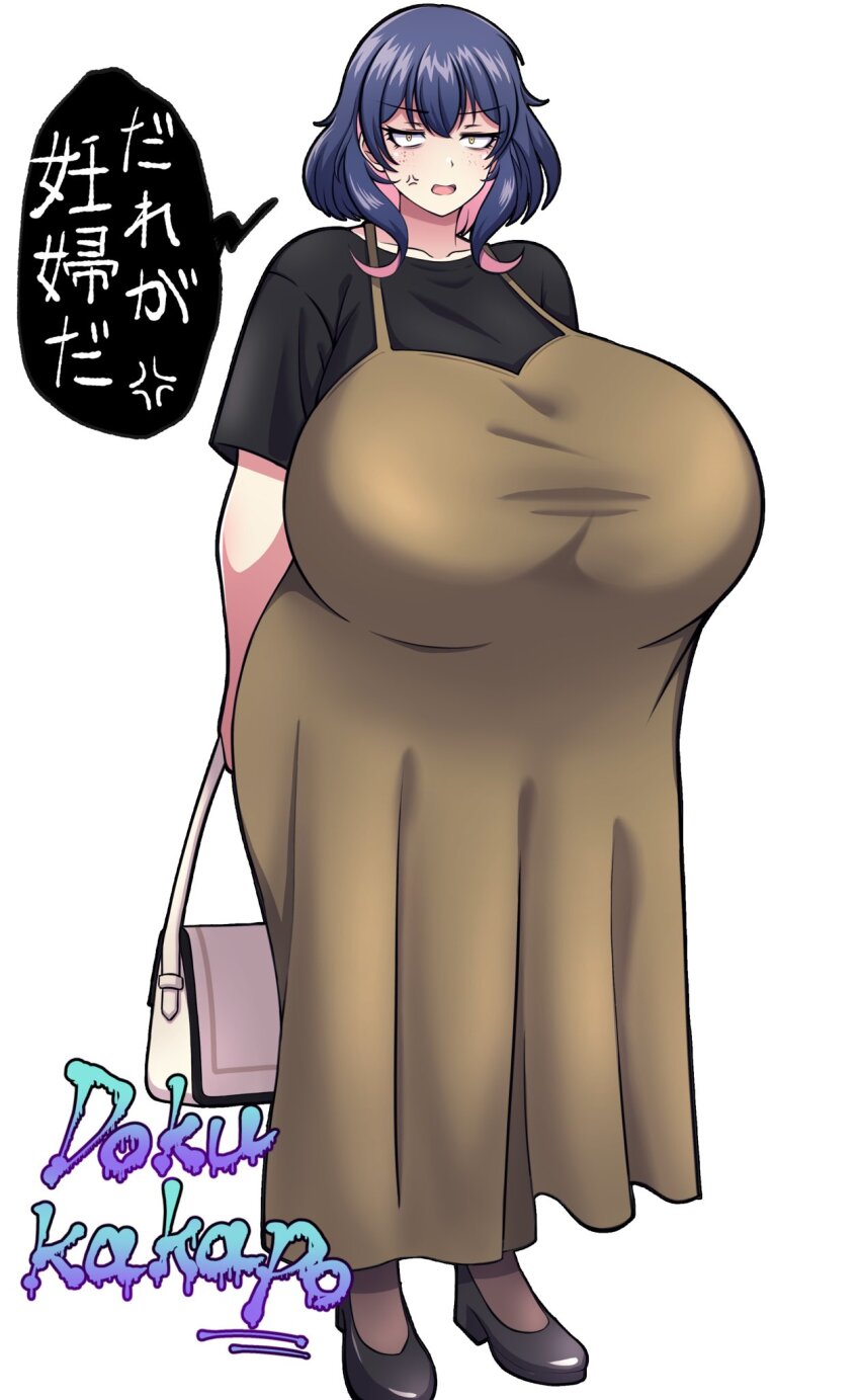 1girl angry bag black_footwear black_shirt blue_hair breasts brown_dress codeorange162 colored_inner_hair dress female_focus gigantic_breasts highres holding holding_bag japanese_text looking_at_viewer multicolored_hair original pink_hair shirt short_hair solo standing translation_request tsukishima_azami veins white_background yellow_eyes