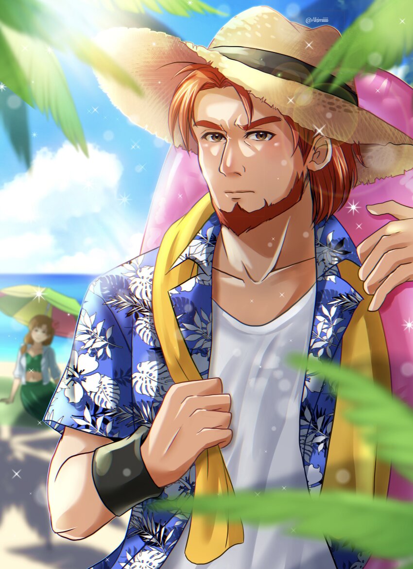 1boy 1girl absurdres akimiiiii alternate_costume beard brown_eyes brown_hair couple dorcas_(fire_emblem) facial_hair fire_emblem fire_emblem:_the_blazing_blade fire_emblem_heroes hawaiian_shirt hetero highres long_hair muscular natalie_(fire_emblem) nintendo red_hair shirt short_hair