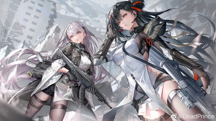 2girls absurdres ak-alfa_(girls&#039;_frontline) assault_rifle black_gloves black_hair deadprince girls&#039;_frontline girls&#039;_frontline_2:_exilium gloves gun highres multiple_girls qbz-191_(girls&#039;_frontline) qiongjiu_(girls&#039;_frontline_2) rifle thighhighs tololo_(girls&#039;_frontline_2) weapon