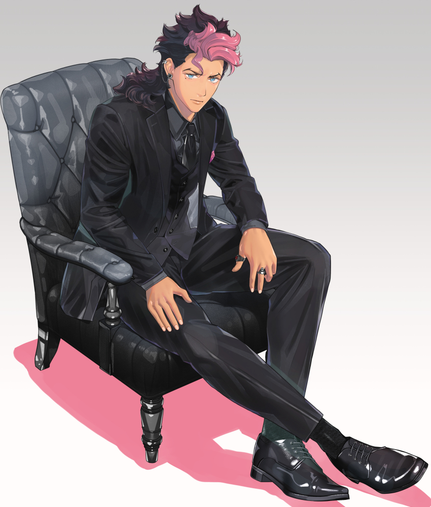 1boy aqua_eyes black_footwear black_hair black_jacket black_necktie black_pants black_shirt black_socks black_suit chair dress_shoes ear_piercing formal full_body guel_jeturk gundam gundam_suisei_no_majo highres jacket jewelry leather_chair long_hair looking_at_viewer male_focus mole mole_under_eye multicolored_hair multiple_rings necktie pants piercing pink_hair ring shadow shirt sitting socks suit yutanpo_novel