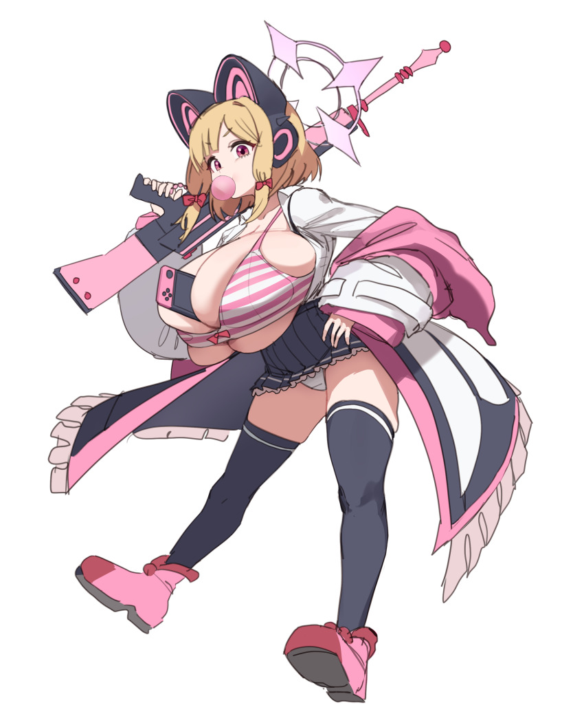 1girl absurdres alternate_breast_size animal_ear_headphones animal_ears between_breasts black_thighhighs blonde_hair blue_archive bow bra breasts cat_ear_headphones chewing_gum fake_animal_ears full_body gun gya_rb hair_bow halo hand_on_own_hip hand_up headphones highres holding holding_gun holding_weapon huge_breasts jacket legs_apart long_sleeves medium_hair miniskirt momoi_(blue_archive) nintendo_switch open_clothes open_jacket panties pink_bra pink_eyes pink_footwear pleated_skirt red_bow simple_background skindentation skirt solo striped_bra striped_clothes thighhighs underwear upskirt v-shaped_eyebrows weapon white_background white_jacket white_panties