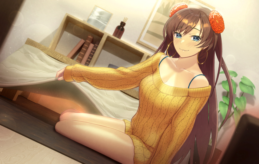 1girl bare_shoulders beppu_mitsunaka blush breasts brown_hair cleavage collarbone earrings fate/grand_order fate_(series) flower grey_eyes hair_flower hair_ornament highres hoop_earrings jewelry large_breasts long_hair long_sleeves looking_at_viewer mata_hari_(fate) orange_sweater smile sweater thighs