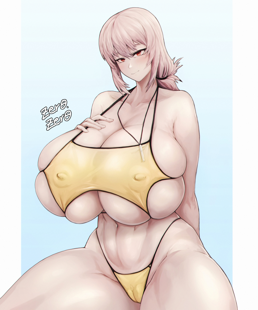 1girl absurdres alternate_breast_size arm_support bikini braid braided_ponytail breasts cameltoe cleavage cleft_of_venus covered_erect_nipples curvy fate/grand_order fate_(series) florence_nightingale_(chaldea_lifesavers)_(fate) florence_nightingale_(fate) folded_ponytail hand_on_own_chest heavy_breathing highleg highleg_bikini highres huge_breasts large_areolae long_hair looking_at_viewer pink_hair red_eyes side-tie_bikini_bottom sitting skin_tight skindentation swimsuit thick_thighs thighs thong thong_bikini underboob undersized_clothes whistle wide_hips yellow_bikini zer0.zer0