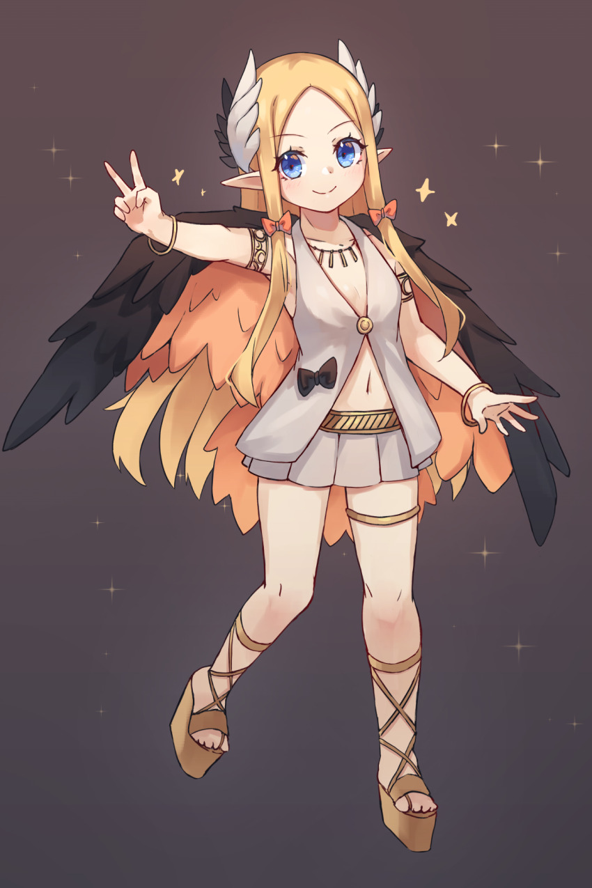 1girl abigail_williams_(fate) alternate_ears armlet bare_shoulders belt blonde_hair blue_eyes blush bow bracelet breasts circe_(fate) circe_(fate)_(cosplay) circlet cosplay fate/grand_order fate_(series) feathered_wings forehead full_body hair_bow head_wings highres jewelry legs long_hair looking_at_viewer miya_(miyaruta) necklace orange_bow parted_bangs platform_footwear pointy_ears shirt skirt sleeveless sleeveless_shirt small_breasts smile solo thighlet white_shirt white_skirt wings