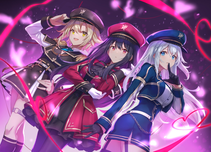 3girls :d arm_up armband black_dress black_gloves black_hair black_headwear black_pantyhose black_socks black_thighhighs blue_eyes blue_headwear blue_jacket blue_skirt breasts brown_hair commentary_request cropped_jacket dress epaulettes finger_to_mouth garter_straps gloves grey_hair hair_between_eyes hand_on_headwear hand_on_own_hip hat jacket juliet_sleeves kneehighs long_hair long_sleeves medium_breasts multiple_girls nogi_lief o-ring open_mouth original pantyhose parted_lips peaked_cap puffy_sleeves red_eyes red_headwear red_jacket shirt skirt smile socks thighhighs very_long_hair white_gloves white_shirt yellow_eyes