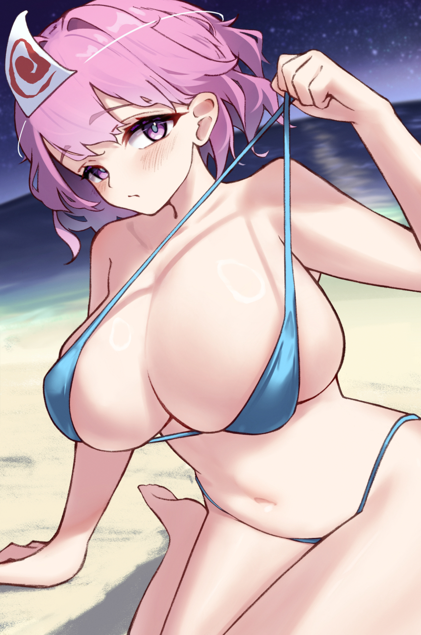 1girl absurdres beach bikini bikini_pull blue_bikini blush breasts closed_mouth clothes_pull highres huge_breasts looking_at_viewer medium_hair navel ocean pink_eyes pink_hair pulling_own_clothes saigyouji_yuyuko sand saniraku sitting sky solo star_(sky) starry_sky swimsuit touhou wariza