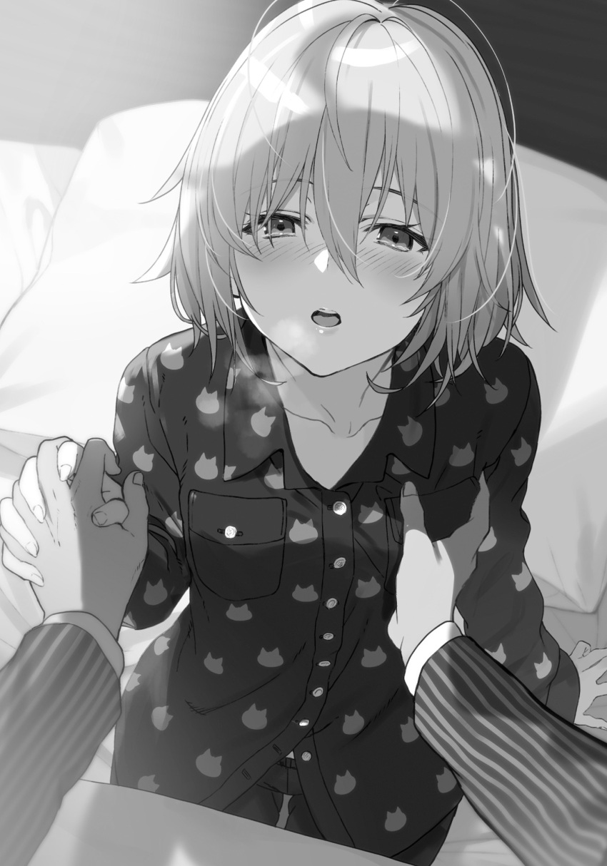 1boy 1girl bed blanket blush breath collarbone eyelashes fingernails flat_chest flat_chest_grab from_above grabbing_another&#039;s_breast greyscale groping hair_between_eyes hand_on_bed heavy_breathing highres holding_hands interlocked_fingers kuzuryuu_yaichi long_bangs long_sleeves looking_at_viewer looking_up monochrome nose_blush novel_illustration official_art on_bed open_mouth pajamas pants pillow pinstripe_jacket pinstripe_pattern pov ryuuou_no_oshigoto! shadow shirabi shirt short_hair sidelighting sitting sora_ginko teeth third-party_source upper_teeth_only