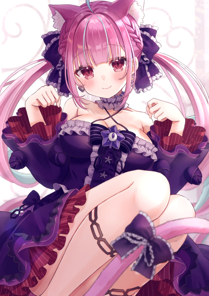 1girl absurdres ahoge animal_ears armpit_crease blush botamochi_(botabutasan) bow breasts brooch cat_ears cat_tail center_frills choker commentary_request cosplay criss-cross_halter detached_sleeves dress earrings feet_out_of_frame frilled_choker frills hair_ribbon halterneck hands_up highres hololive jewelry kemonomimi_mode long_sleeves looking_at_viewer minato_aqua multicolored_hair murasaki_shion murasaki_shion_(cosplay) murasaki_shion_(gothic_lolita) paw_pose pink_hair purple_bow purple_dress purple_ribbon purple_sleeves red_eyes ribbon simple_background sleeveless sleeveless_dress smile solo star_brooch streaked_hair tail tail_bow tail_ornament triangle_earrings twintails virtual_youtuber white_background