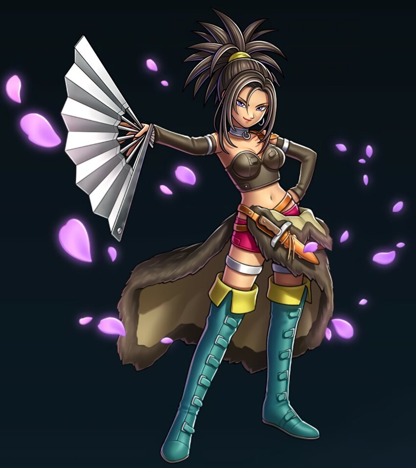 1girl aqua_footwear artist_request black_background boots breasts brown_hair brown_shirt brown_sleeves choker cleavage detached_sleeves dragon_quest dragon_quest_rivals dragon_quest_viii earrings floating_clothes full_body game_cg hand_fan hand_on_own_hip highres holding holding_fan hoop_earrings jewelry knife knife_sheath looking_at_viewer medium_breasts navel o-ring o-ring_choker official_alternate_color official_art pelt petals ponytail purple_eyes red_(dq8) red_lips red_shorts resized sheath shirt shorts silver_choker silver_earrings silver_thighlet solo spiked_hair thigh_boots third-party_source upscaled