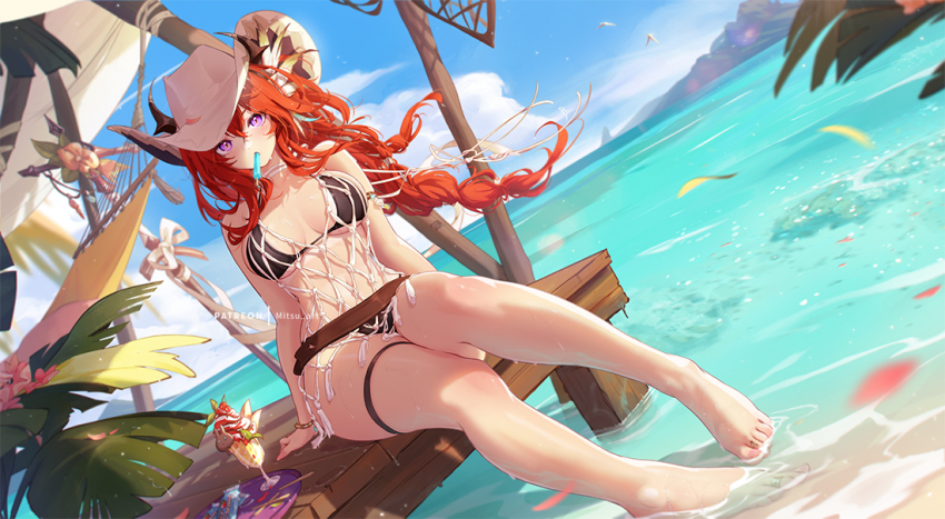 1girl arknights bare_legs bare_shoulders barefoot beach bikini black_bikini blue_sky bracelet breasts cowboy_hat demon_horns fish food hat horns ice_cream jewelry long_braid long_hair looking_at_viewer medium_breasts midriff mitsu_(mitsu_art) mountainous_horizon ocean purple_eyes red_eyes sitting sitting_on_object sky stomach summer surtr_(arknights) surtr_(colorful_wonderland)_(arknights) swimsuit