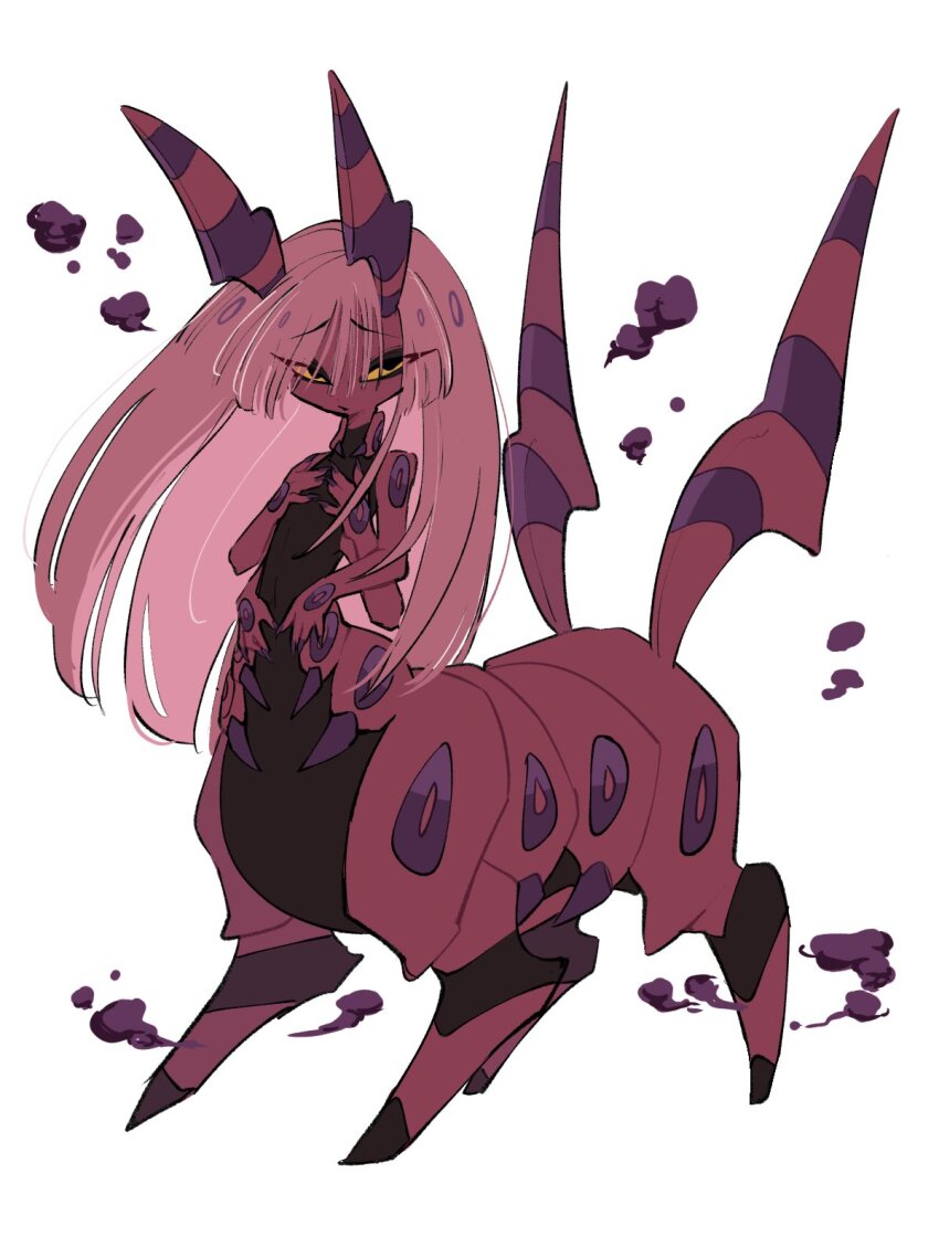 1girl creatures_(company) full_body game_freak gen_5_pokemon highres long_hair monster_girl nintendo pink_hair pokemon scolipede simple_background solo taur torori_toro white_background yellow_eyes