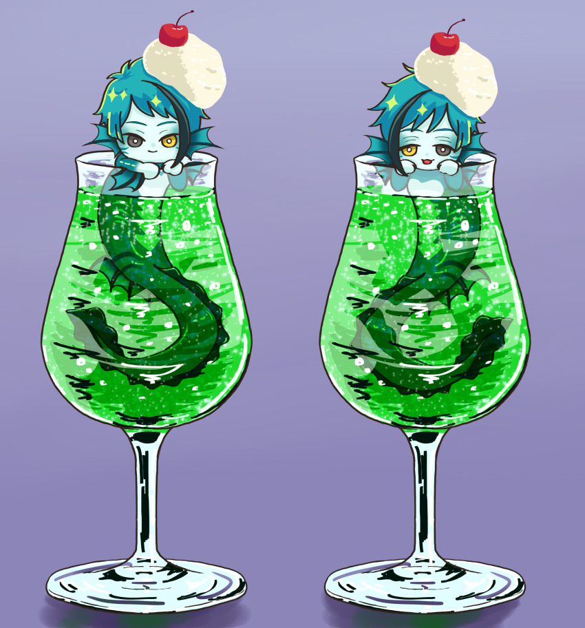 2boys black_eyes blue_hair blue_hawaii blue_skin brothers cherry chibi colored_skin cup drinking_glass eel_boy fins floyd_leech food fruit full_body head_fins heterochromia highres in_food jade_leech looking_at_viewer male_focus mini_person miniboy monster_boy multiple_boys partially_submerged pi_(user_rjnf3523) purple_background short_hair siblings simple_background twins twisted_wonderland wine_glass yellow_eyes