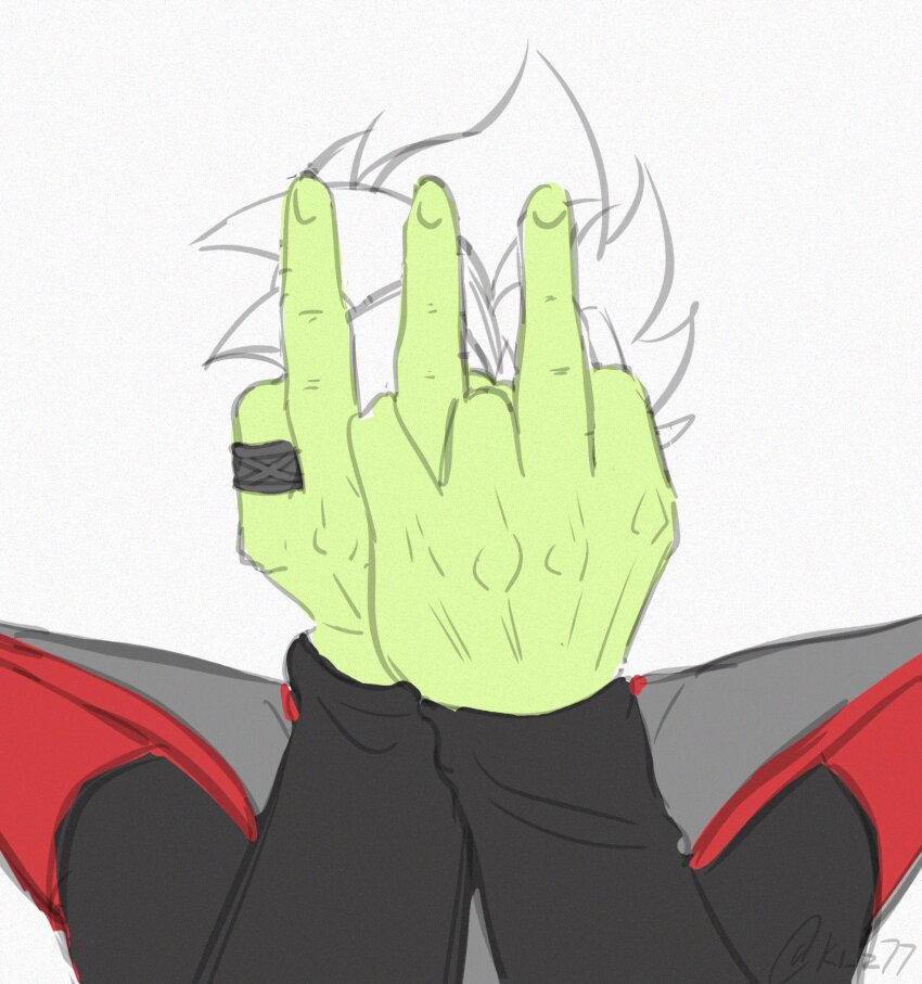 1boy black_bodysuit bodysuit colored_skin covered_face dragon_ball dragon_ball_super fused_zamasu green_skin ki_z77 long_sleeves meme middle_finger obscured_face solo spiked_hair white_hair