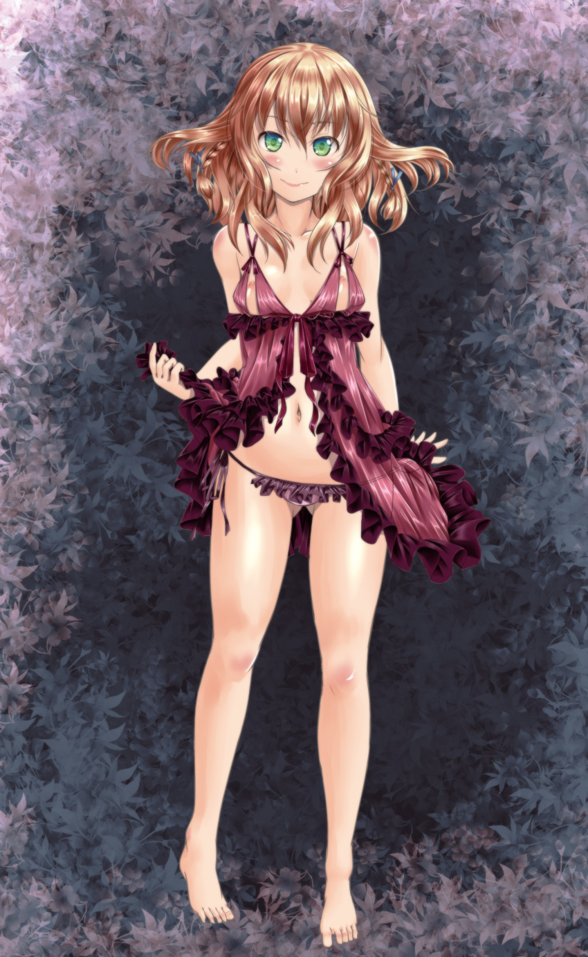 1girl absurdres babydoll bare_legs barefoot blush brown_hair comic emperor_zuou female_focus flat_chest full_body gradient_background green_eyes highres looking_at_viewer navel nipples original panties short_hair side-tie_panties solo standing underwear