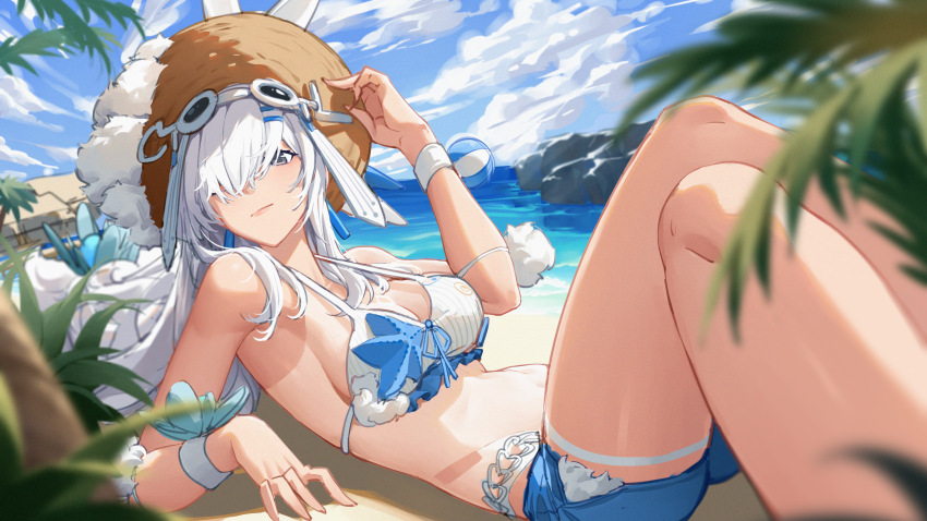 1girl absurdres alpha_(pgr) beach blue_shorts bra breasts erdongjinming floral_print grey_eyes hair_over_one_eye hat highres long_hair looking_at_viewer lucia:_crimson_abyss_(seaside_sunbath)_(pgr) medium_breasts ocean punishing:_gray_raven short_shorts shorts solo straw_hat sunflower_print sunglasses swimsuit underwear white_bra white_hair